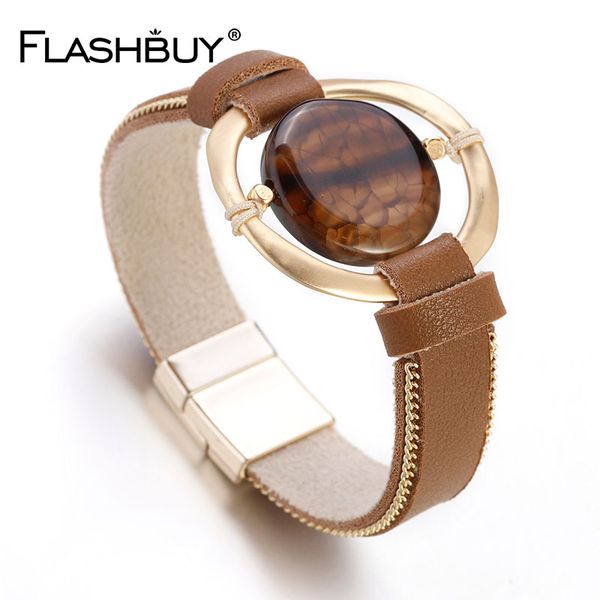 

flashbuy natural stone khaki leather bracelets for women men bohemia simple wrap charm bangles fashion jewelry accessories hot, Golden;silver