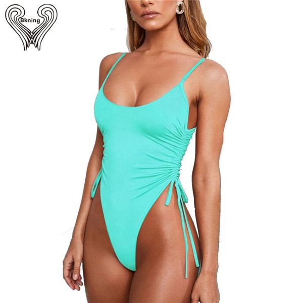 

bkning adjustable straps ruched side one piece swimsuit padded high leg cut swimwear women bathing suit badpak monokini fused