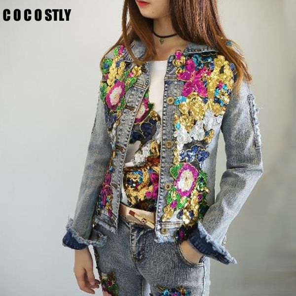 

2018 spring jacket women denim embroidery rose floral beading pearl sequin patch epaulet ripped hole bomber denim jacket, Black;brown