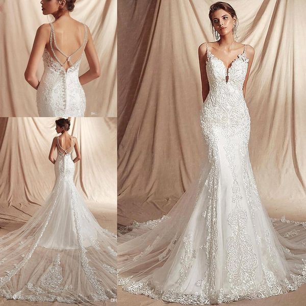 

2020 spaghetti straps lace mermaid beach wedding dresses tulle applique beaded sweep train boho wedding bridal gowns robes de mariée bc2403, White