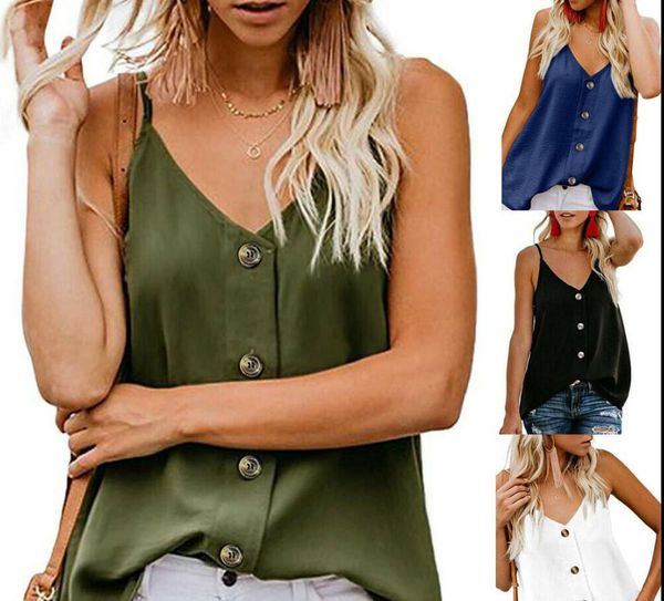 

2019 new women casual camis button sleeveless chiffon vest tank summer soft cami, White