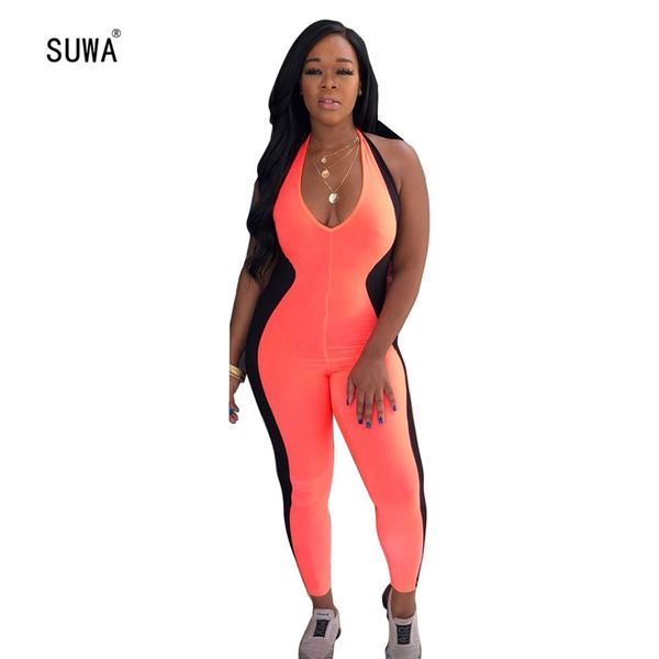 

suwa 2020 summer new brand reduction age simple fashion tank sleeve women high waist joker bodycon long pencil jumpsuits, Black;white