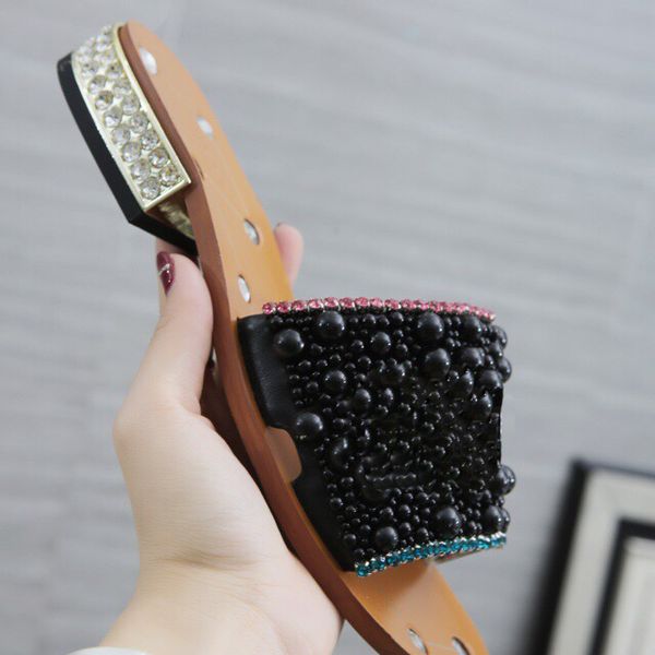 

women rhinestone low-heel slippers black pearl designer work summer women sandals dress classic trend fashion big size 43 cs07