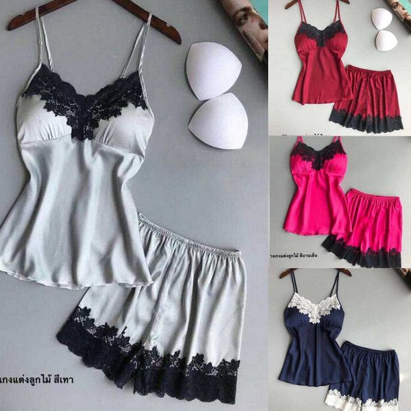 

женщины sexy-lingerie пижамы сна жилет майка + шорты комплект сатин babydoll кружева ночное пижамы set, Blue;gray