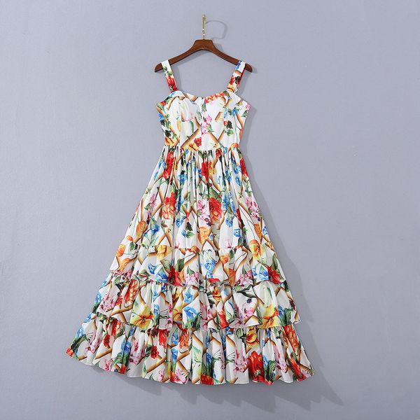 

european and american women's wear 2020 summer new style condole belt v-neck laminated cake floral print dress, Black;gray