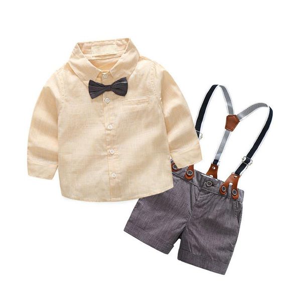

2020 children's clothes boys british style long sleeve shirt strap shorts rest fashion lapel shirts 2 sets, White