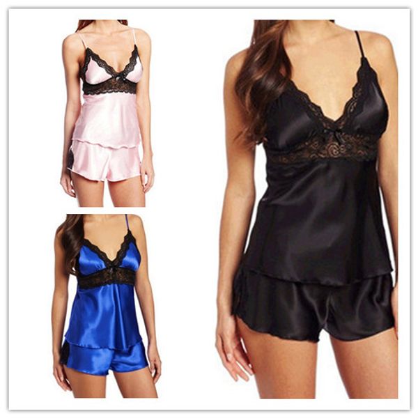 

women v-neck sleepwear clothes for summer shorts sets satin pajama women's spaghetti strap lace sleepwear set, Blue;gray
