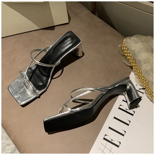 

slippers 2021 summer women slipper square high heel slides female peep toe sandal vacation flip flops mujer shoes, Black