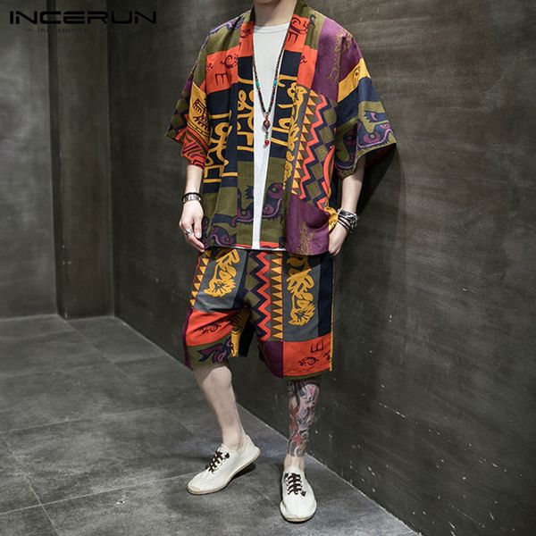 

incerun ethnic style men sets printing vintage half sleeve open stitch shirt cardigan casual shorts summer mens suit streetwear, Gray