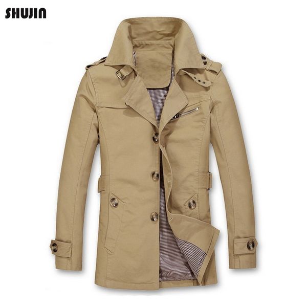 

shujin 2019 cotton casual long jackets men trench windbreaker coat new male autumn winter solid lapel outwear plus size 5xl, Tan;black