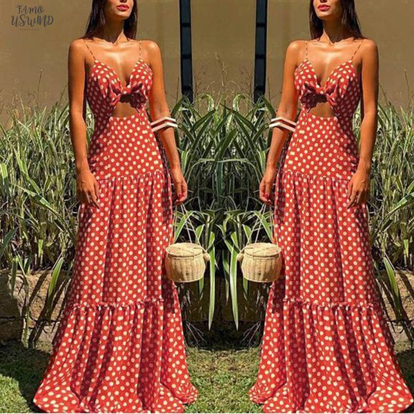 

2020 dresses womens summer holiday party long twill dresses dots print sleeveless party beach maxi dress robe femme 0.4, Black;gray