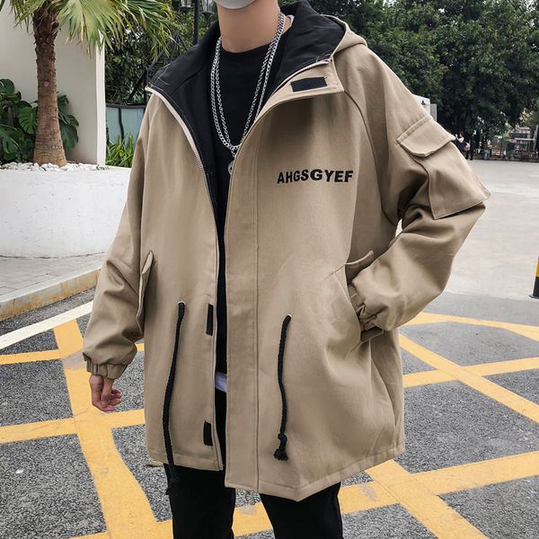 

spring new jacket men fashion contrast color letters embroidery casual hooded jacket man streetwear hip hop loose bomber, Black;brown