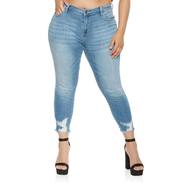 

fashion women plus size jeans high elastic skinny denim pencil pants ladies casual ripped hole washed jeans feet pants trousers, Blue