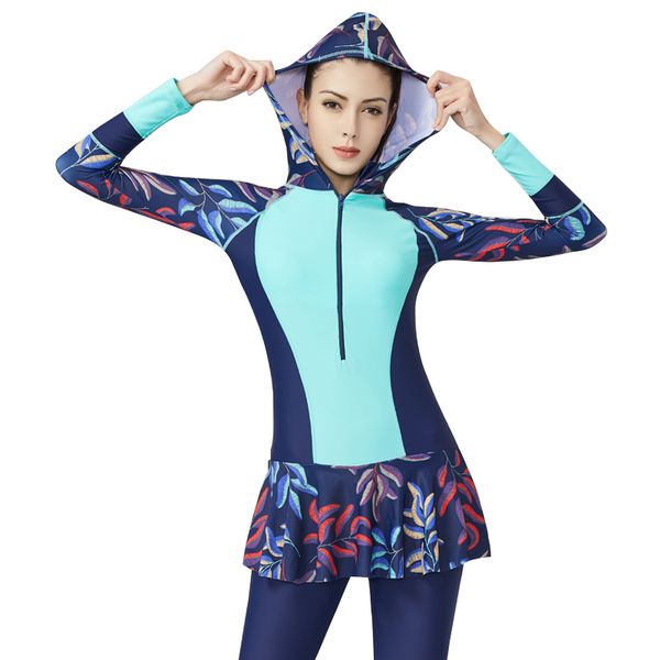 

long sleeve plus size rash guard women one-piece female swimsuit zip up suft wetsuit large size bathing suit hat muslim swimwear