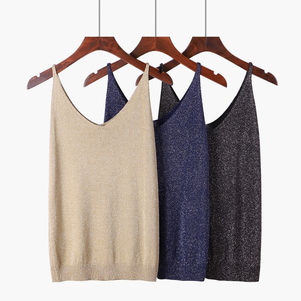 

bygouby lurex glitter summer women tank v neck camisole sleeveless slim knitted female t-shirt, White