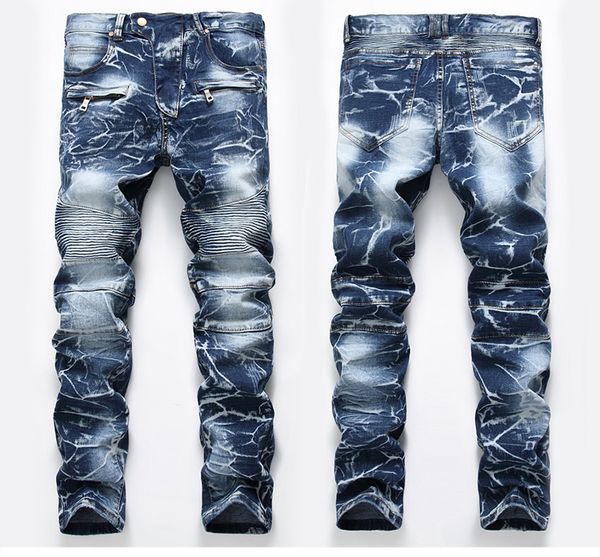 

european men's motorcycle pleated jeans pocket zipper stretch slim, Blue