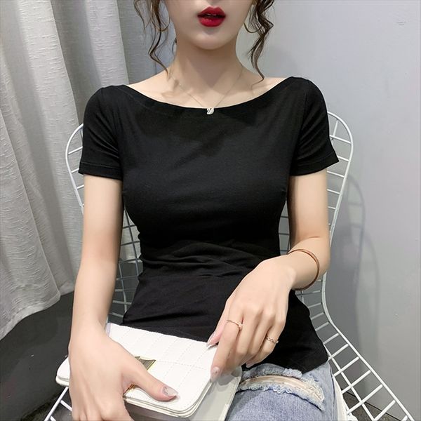 

short-sleeved t- with one-line collar female 2020 underpants scheming design slim base short-sleeved t-shirt with one-line collar female, White