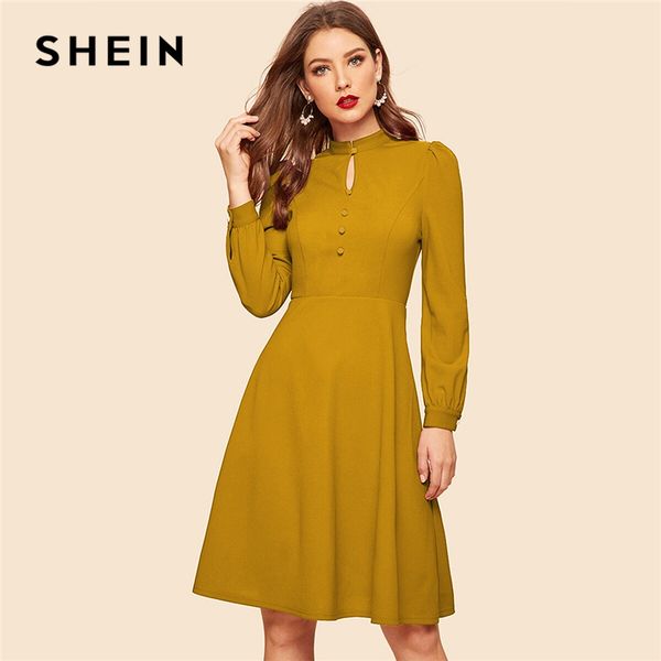 

shein mustard keyhole neck cutout covered button detail midi dress women spring autumn solid high waist flared vintage dresses, Black;gray