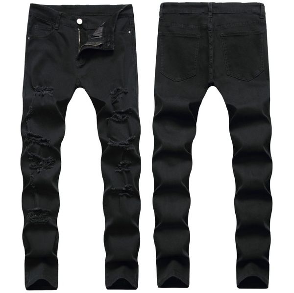 

men's jeans stretch holes denim full length black knee with hole ripped pants fashion, Blue
