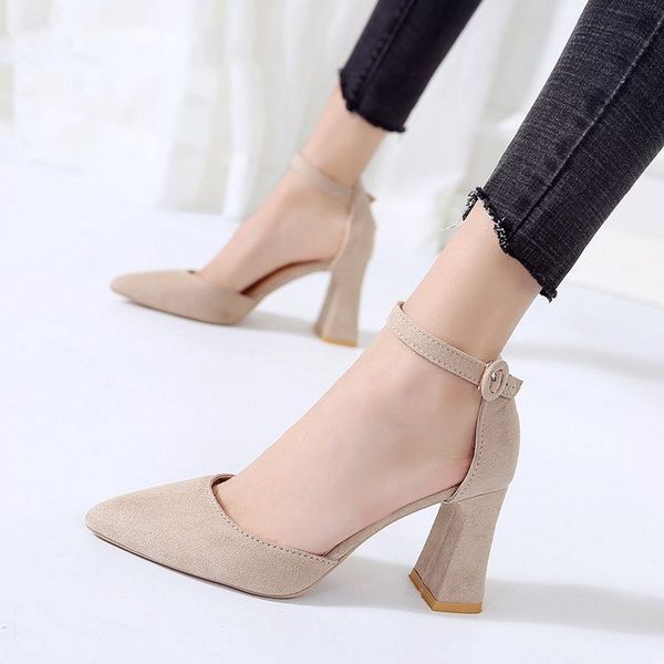 

spring wild female sandals shoes high heels apricot buckle hollow sandals thick with pointed shoes women high heel luxury, Black