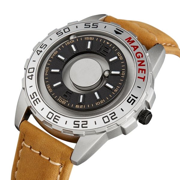 

new eutour watch men innovative magnet ball show quartz men watch genuine leather canvas steel strap watches relogio masculino, Slivery;brown