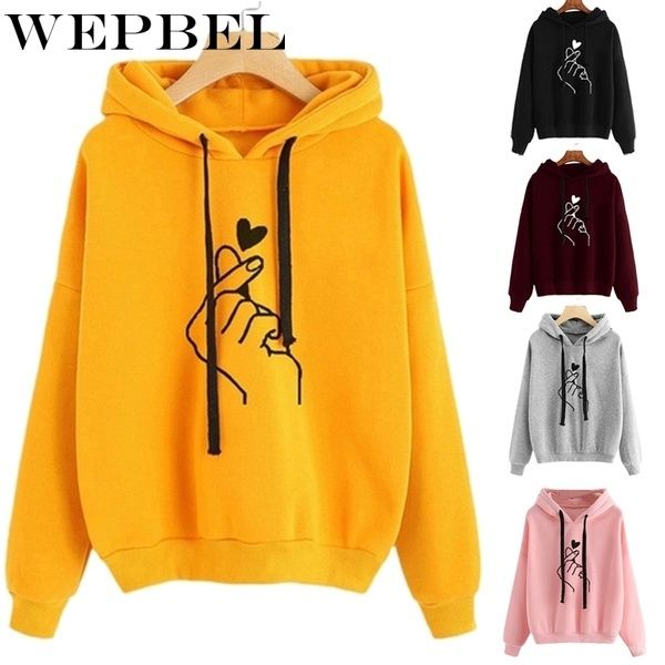 

wepbel new fashion women's hooded sweater casual printed finger heart long sleeve solid color loose hoodies coat, Black