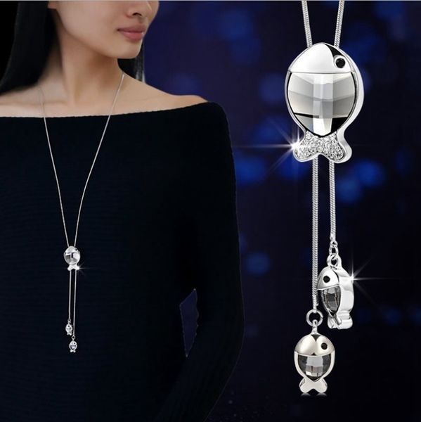 

fashion long section of fish sweater chain necklace fine jewelry crystals from swarovskis female clothes hanging chain jewelry, Silver