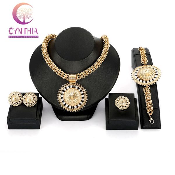 

cynthia vintage sunflower alloy costume jewelry sets earrings bracelet ring long necklace with big pendant schmuck set for women, Silver