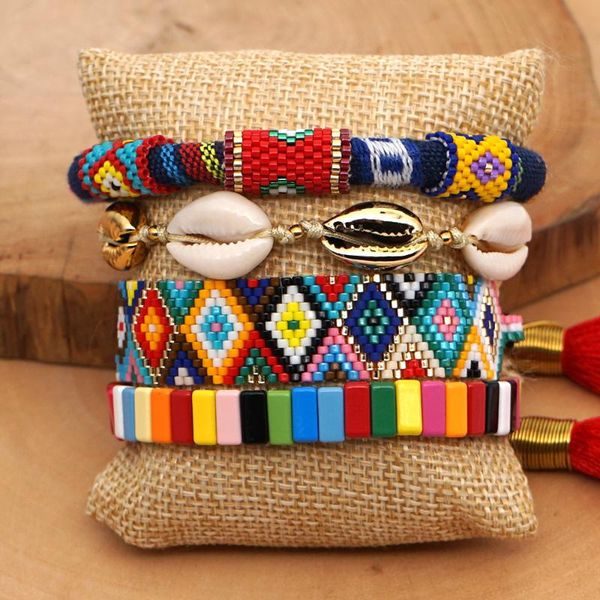 

rainbow miyuki beads enamel gold shell bracelets set bohemian summer beach jewelry tila beads adjustable lace-up bracelets gifts, Black