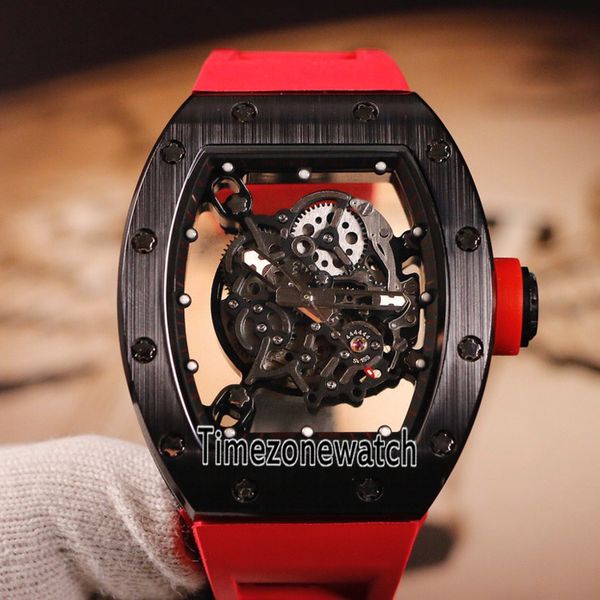 

Лучшее издание 43 мм RM055 черные нано-керамические композиты Скелетон Miyota Автоматические мужские часы Красные резиновые часы Timezonewatch Новый E14a1