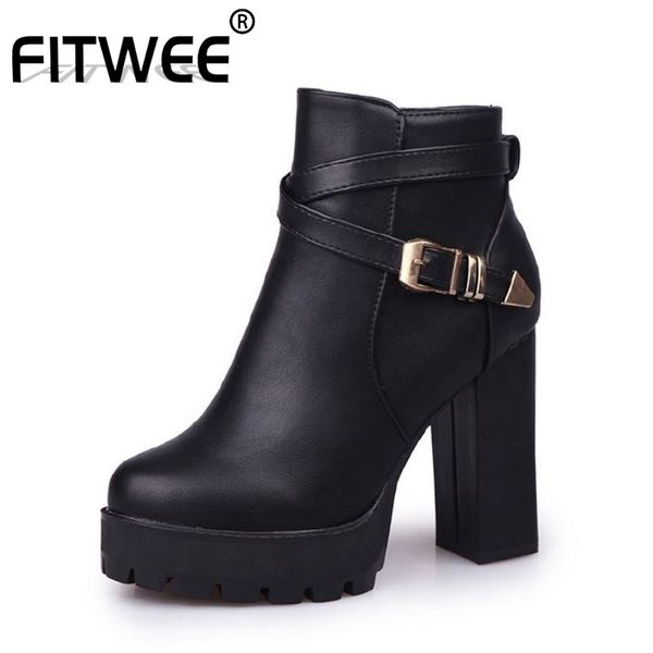 

fitwee women high heel boots platform footwear thick heels shoes women with fur round toe zipper winter shoes size 35-40, Black