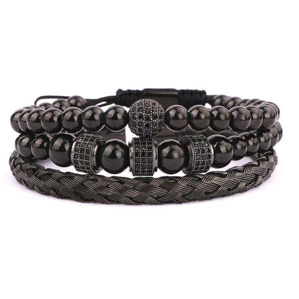 

3pc/set cz pave ball tube black stainless steel beads macrame men bracelet bangle set
