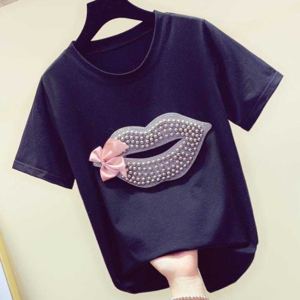 

plus size 6xltshirt women beaded lip bow-tie o-neck t-shirt women short sleeve cotton tees, White