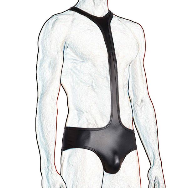 M-XXL homens molhados look faux couro bodysuit sexy sem encosto de uma peça wrestling singlet exótico jockstrap corda underwear novidade leotard