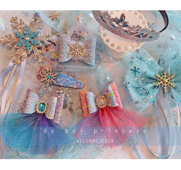 

6pcs lace bow hair accessories children ice snow tiara hairpin baby girls princess clip rhinestone bow, Slivery;white