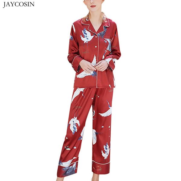 

jaycosin 2 pieces set pajama sets for women fashion ladies sleepwear long sleeve printed nightwear satin pants sets, Black;red