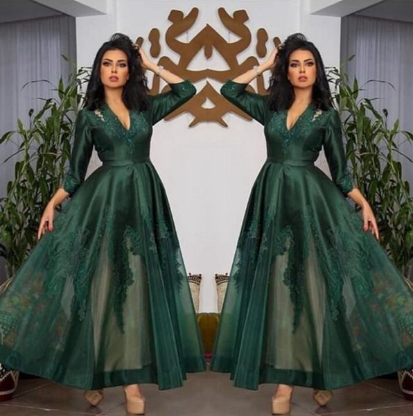 

dark green v neck satin evening dresses long sleeves tulle lace applique ruched ankle length prom formal wear party gowns213x, Black;red