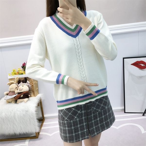 

lucyever patchwork striped knitted sweater women mix color v-neck long sleeve shirt woman 2019 winter casual loose pull femme, White;black