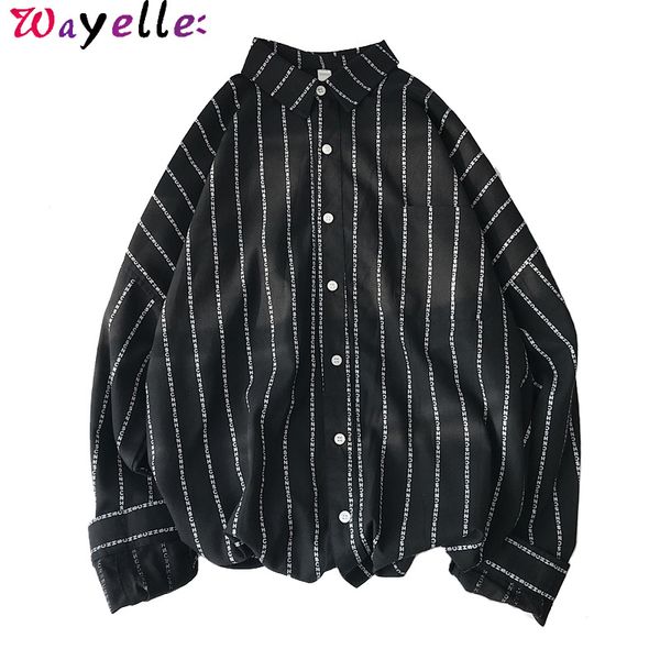 

harujuku striped shirt men long sleeve shirts 2019 fall new hip hop loose black shirt men dress shirts japanese streetwear, White;black