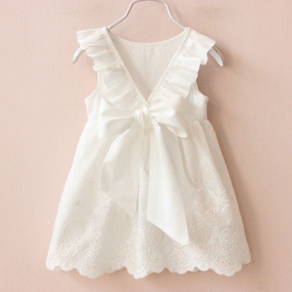 

2020 summer baby girl solid color white lace dress cotton casual bow backless hollow dress sleeveless 1-8 years children clothes, Red;yellow