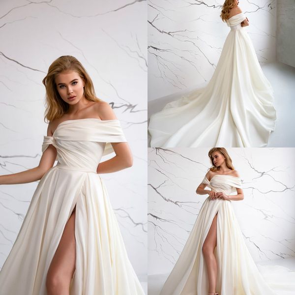 

2020 eva lendel dress thigh high slits wedding dress off shoulder a line bridal gown, White