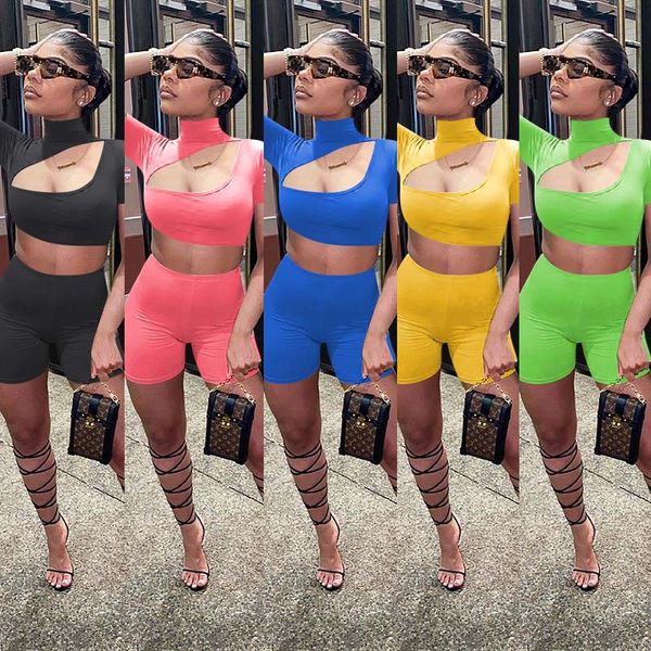 

womens 2 two piece outfits sets stand collar hollow out crop biker shorts tracksuits summer clothes streetwear plus size clothing, Gray