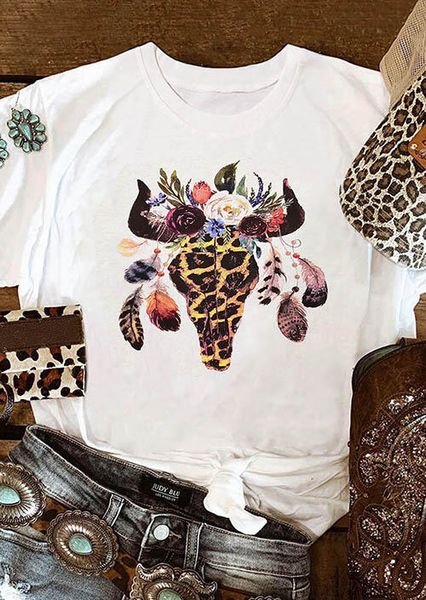 

colored floral leopard steer skull t-shirt funny 100% cotton graphic fashion tumblr women grunge casual tshirt tee, White