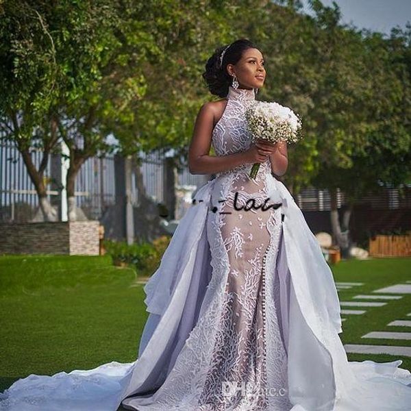 Vestidos de casamento africanos modestos com trem destacável 2019 saia inchada de pescoço alto Sima Brew Country Garden Royal Plus Size Wedding G279K