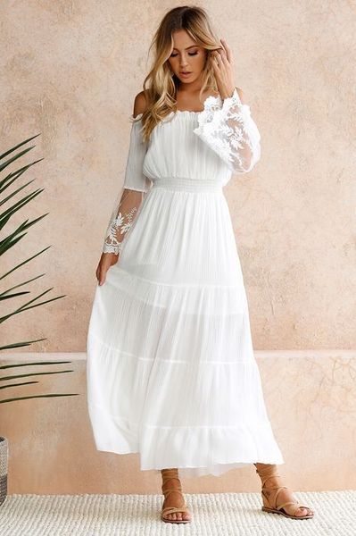 

new white women bohemian dresses long chiffon boat neck lace puffy long sleeves slim waist summer beach dress ankle length in stock, Black;gray