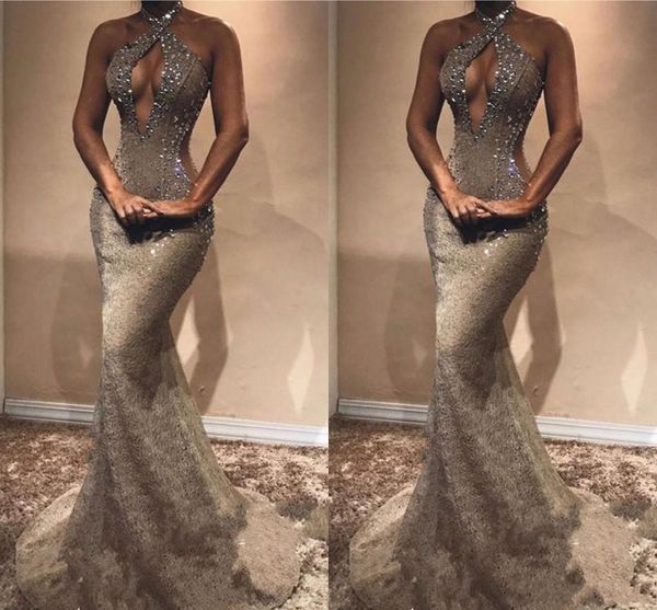 

new prom dresses halter sleeveless full lace keyhole mermaid crystal beaded illusion backless cutaway sides party dress evening gowns, Black