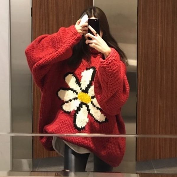 

daisy floral winter sweater women warm o neck pullover loose thicken knitted coat korean autumn harajuku vintage sweater v570, White;black