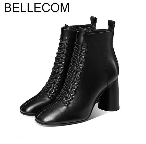 

bellecom 2019 winter boots women's women ladies shoes autumn short thick boots with high-heeled shoes england wind shoe, Black