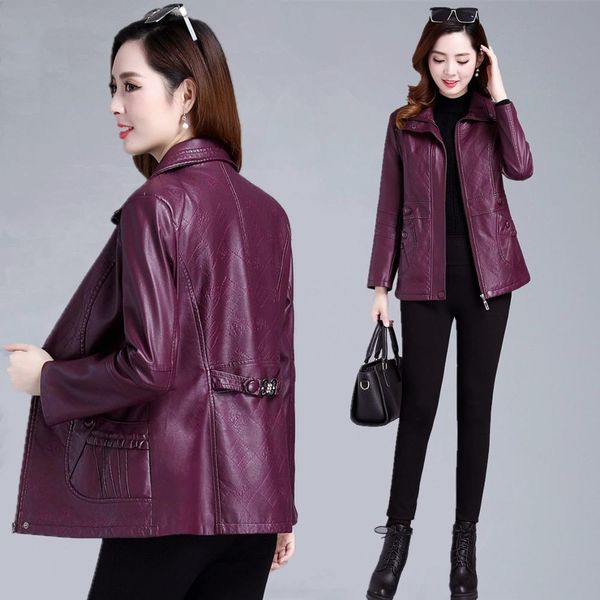 

2019 spring and autumn new long women's leather jacket plus size women middle-aged mother loaded leather coat female outerwear, Black