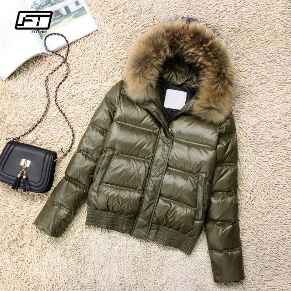 

fitaylor winter women warm white duck down hooded jacket short coats large raccoon fur collar female slim casual down outerwear, Black